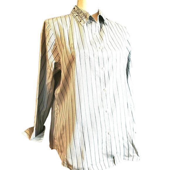 Tommy Bahama Blue Striped Top Size 14 Embroidered Silk Cotton Blend Soft Chic - Picture 1 of 12